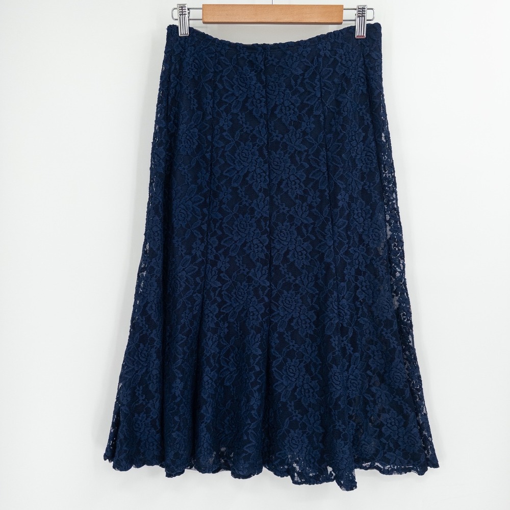 Vintage Y2K Ashley Blue Lace Midi Skirt Womens Size M Navy Blue Floral Romantic